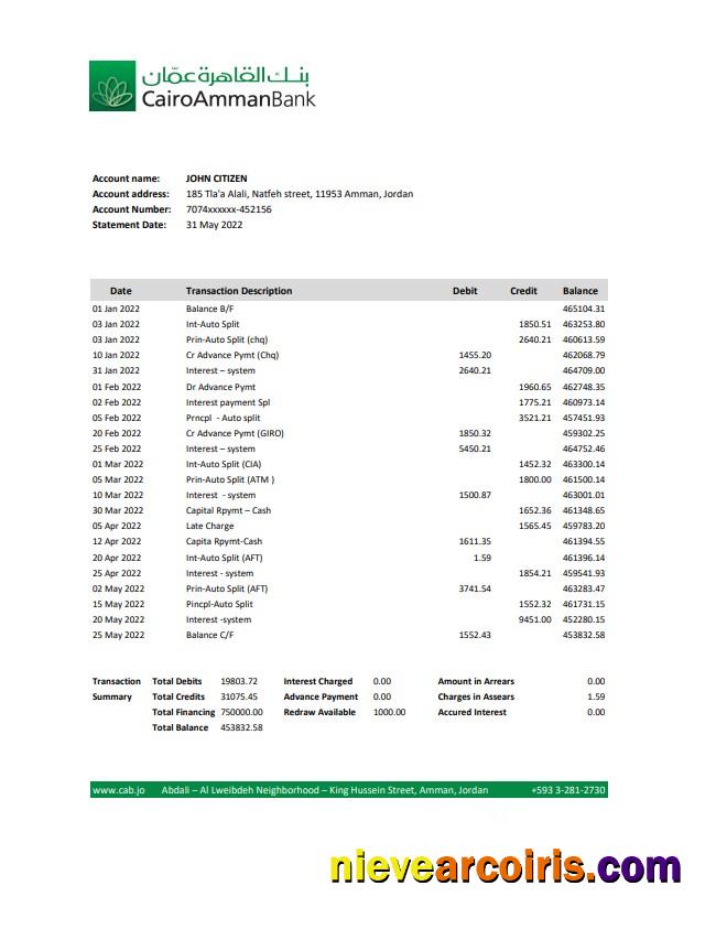 Jordan Cairo Amman Bank statement